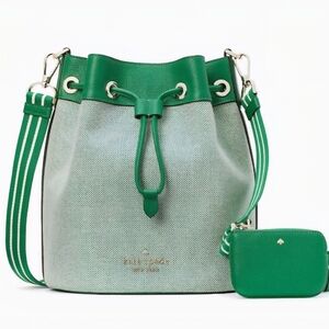 Kate Spade Green Apple Rosie Bucket Bag Pebbled Leather Canvas Crossbody Purse